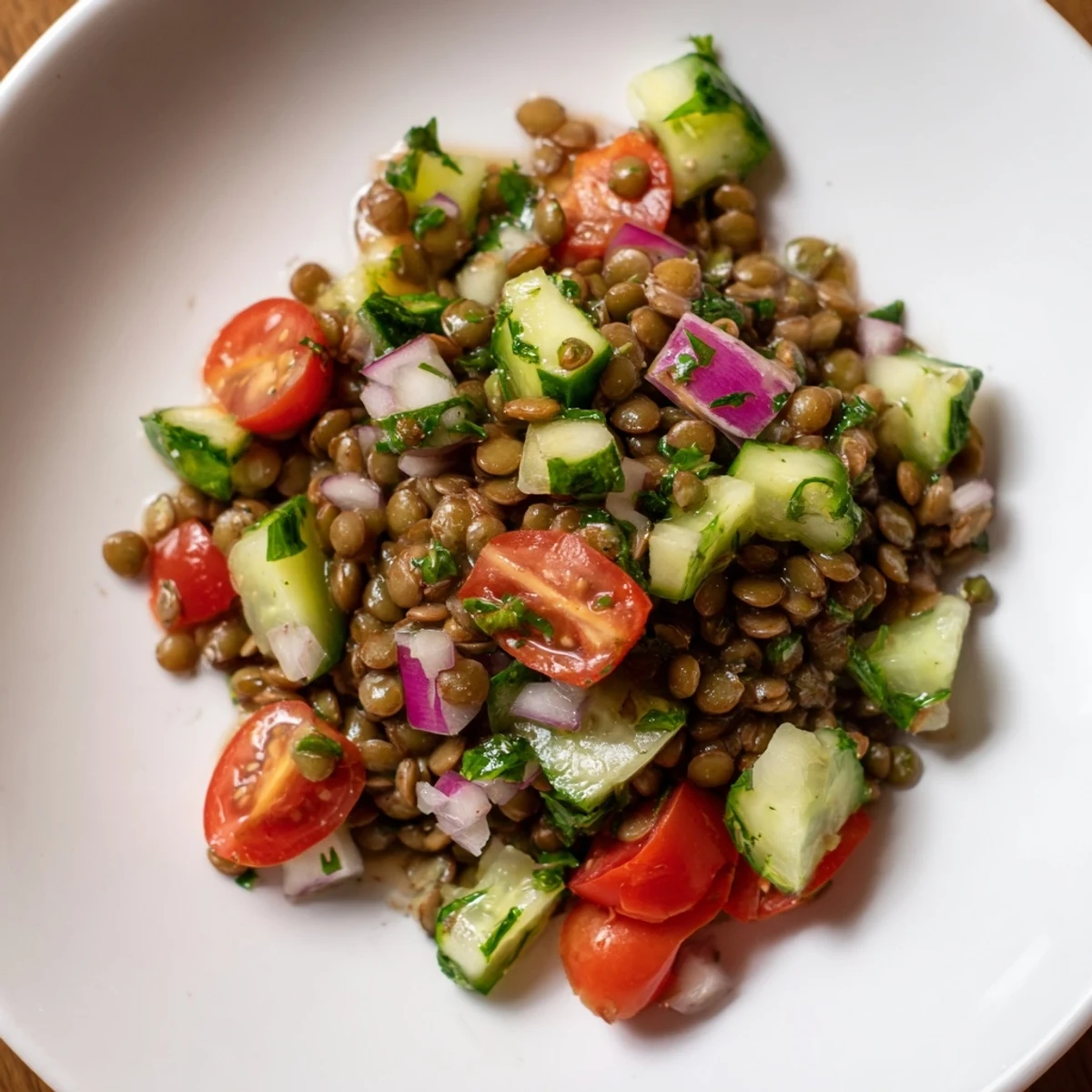Freshly tossed Lentil Salad, a vibrant mix of lentils and vegetables, perfect for a light, healthy meal.