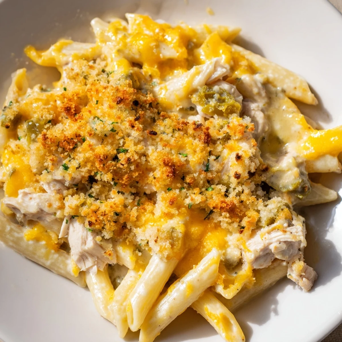 Creamy Jalapeño Popper Chicken Pasta, bubbling hot with melted cheese and a crispy breadcrumb topping.