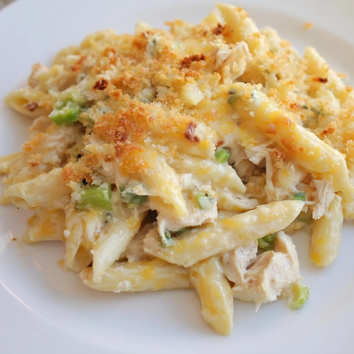 A close-up of baked Jalapeño Popper Chicken Pasta, showcasing the spicy pasta's vibrant, cheesy, texture.