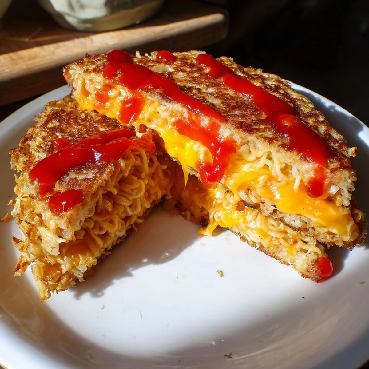 Crispy-edged Instant Ramen Grilled Cheese oozing with melted cheddar, perfect for a quick lunch.