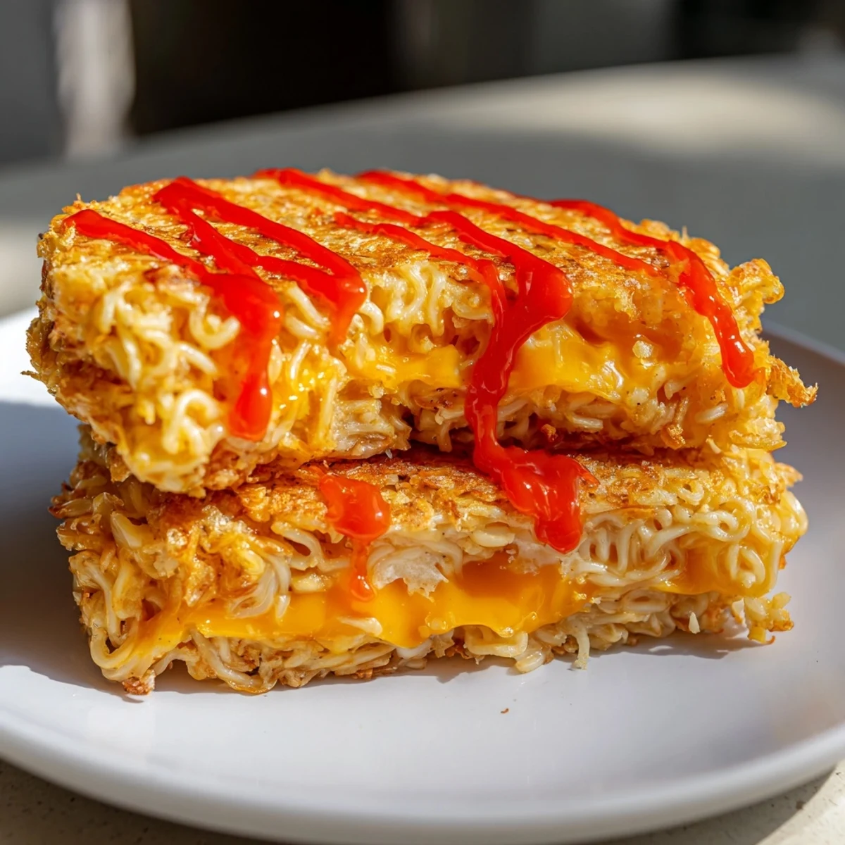 A close-up of a delightful Instant Ramen Grilled Cheese showing off melted cheese and ramen "buns."