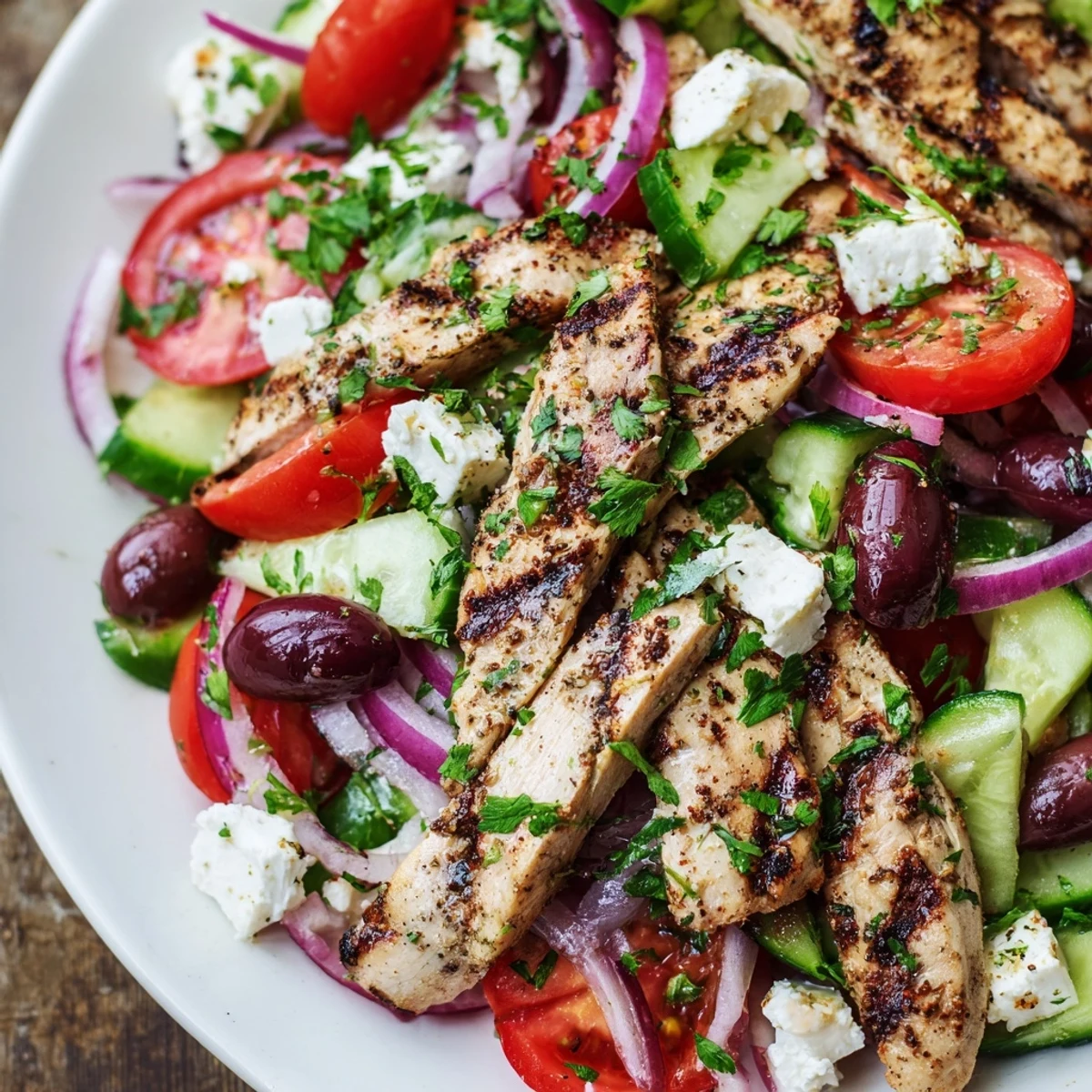 A colorful Greek salad with grilled chicken, boasting juicy tomatoes and creamy feta on a plate.