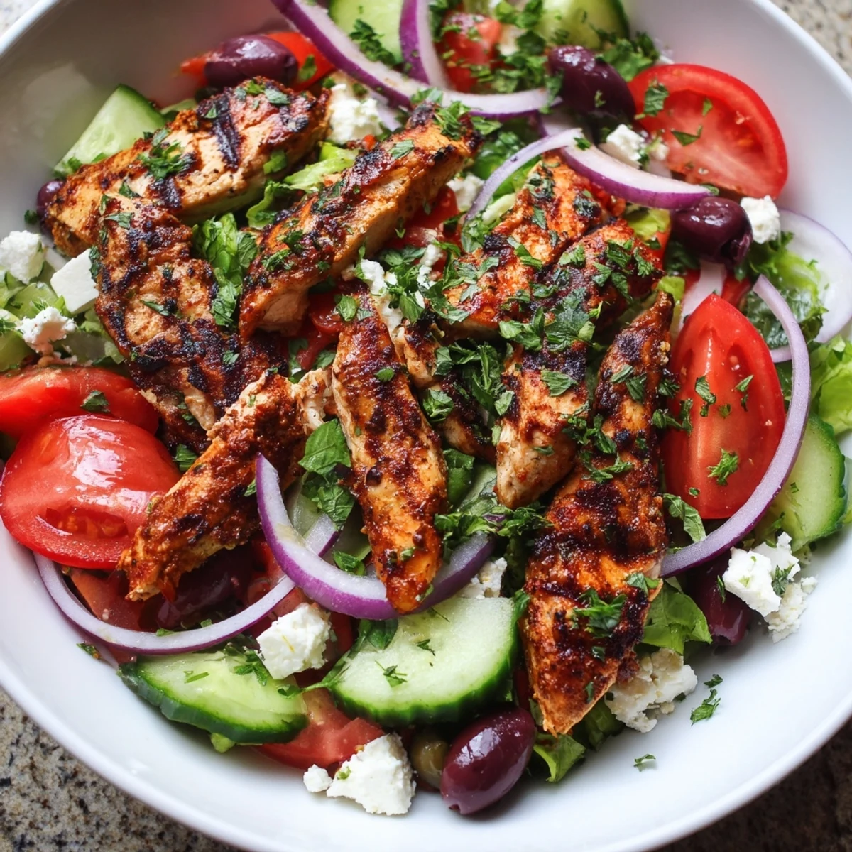 Tender grilled chicken tops a vibrant Greek salad with Kalamata olives and cooling cucumber slices.