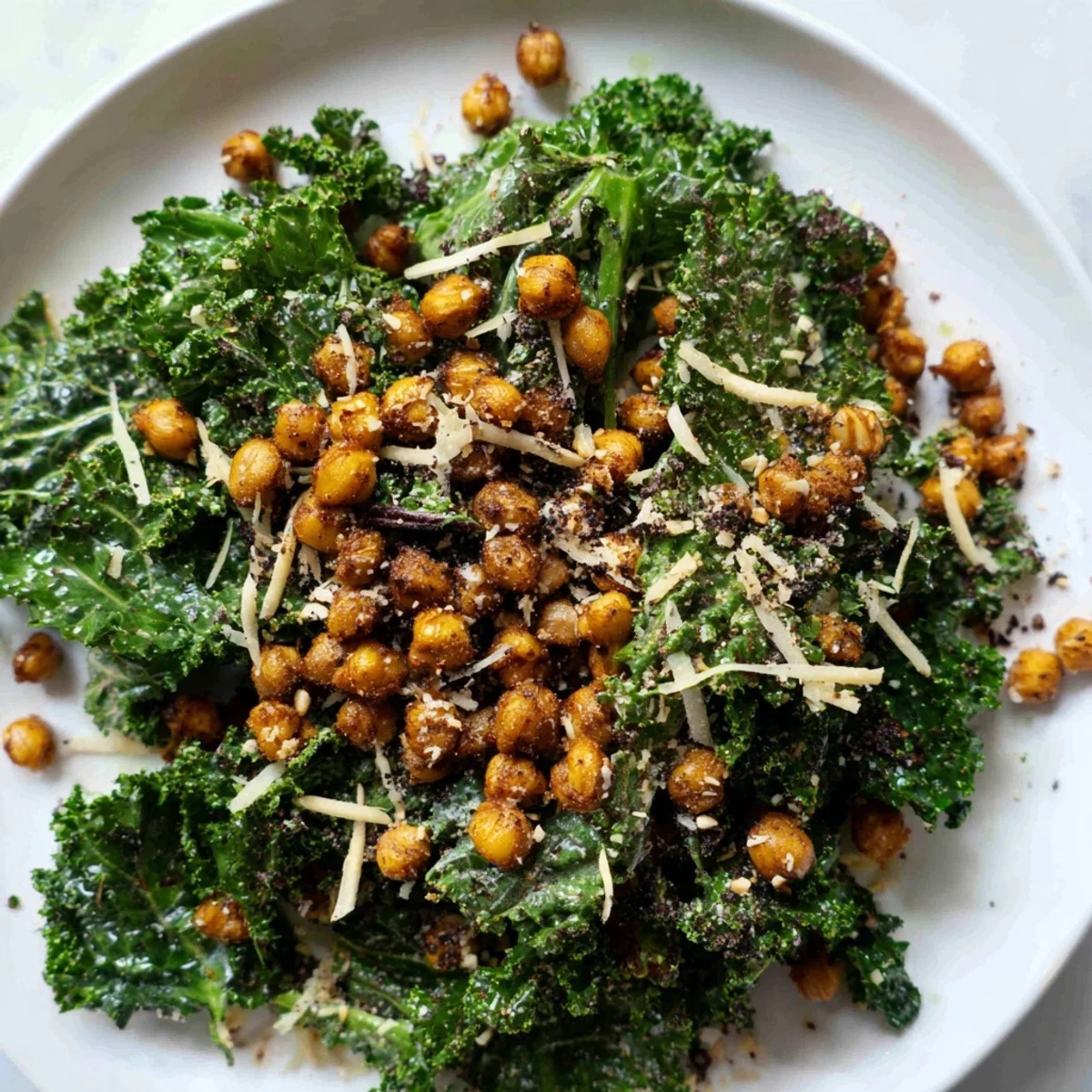 A large bowl of warm kale salad with crispy chickpeas, a colorful and healthy lunch.