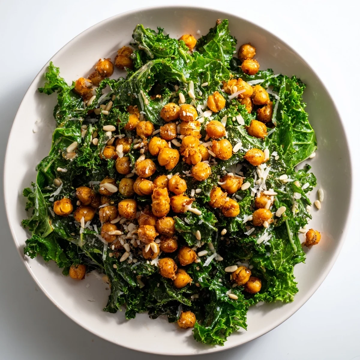 Golden, crispy chickpeas crown this warm kale salad, tossed with a bright lemon dressing.