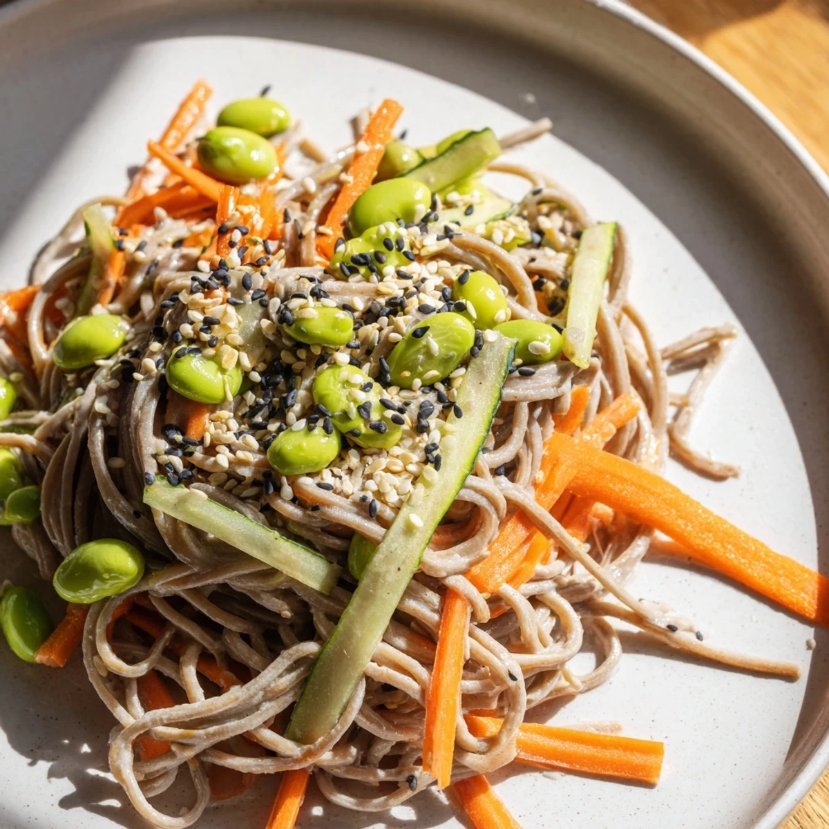 A vibrant shot of Asian Sesame Noodle Salad, showcasing colorful vegetables in a creamy sesame dressing.