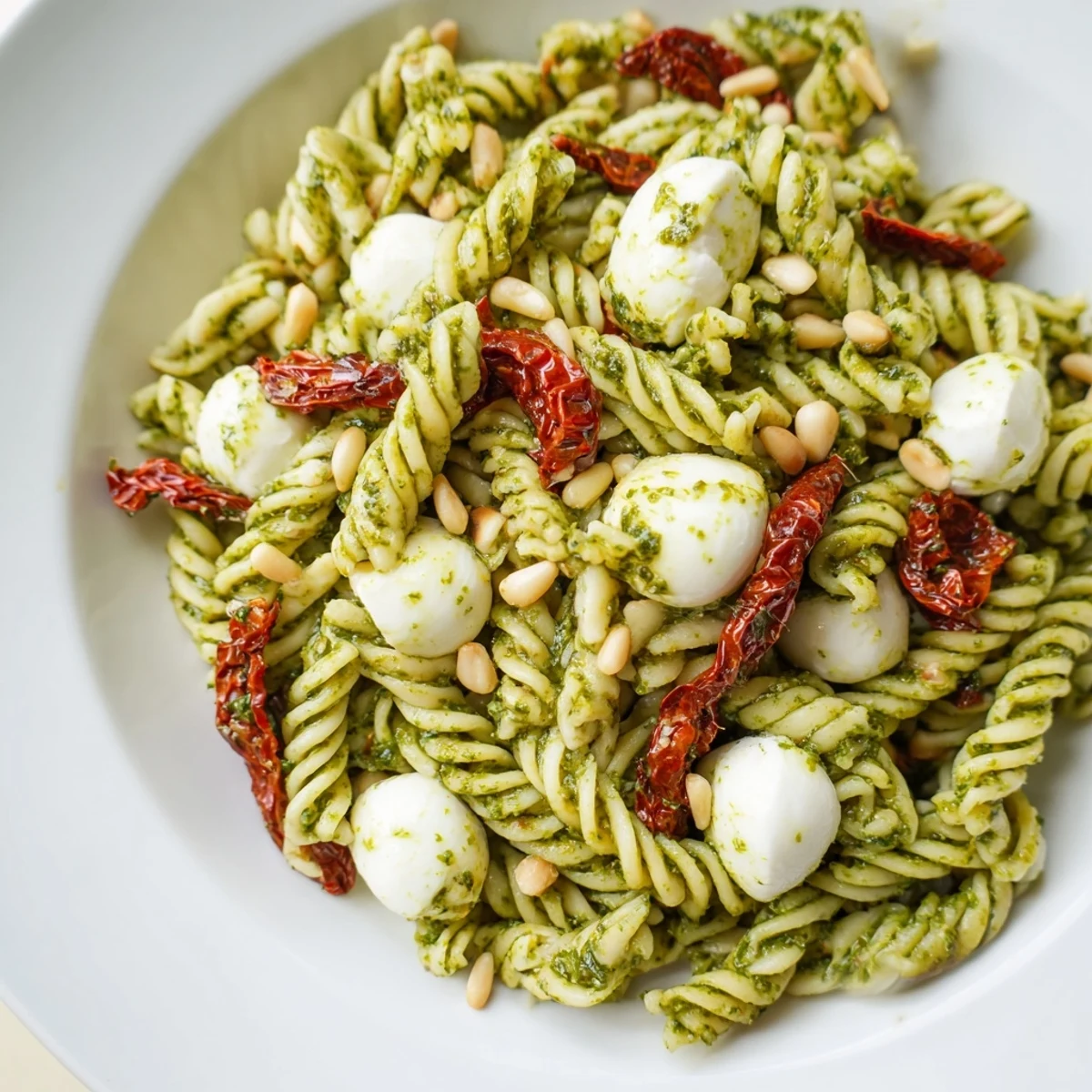 Vibrant Pesto Pasta Salad features colorful sun-dried tomatoes, creamy mozzarella, and toasted pine nuts.