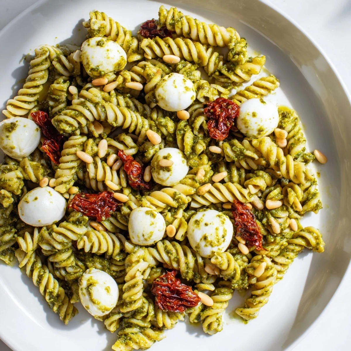 Beautiful Pesto Pasta Salad with al dente pasta, perfect for a summer picnic or lunch.