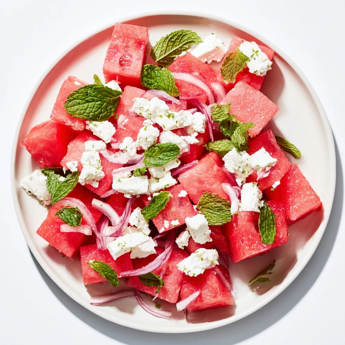 Vibrant Watermelon Feta Salad featuring juicy red watermelon cubes alongside creamy, salty feta cheese.