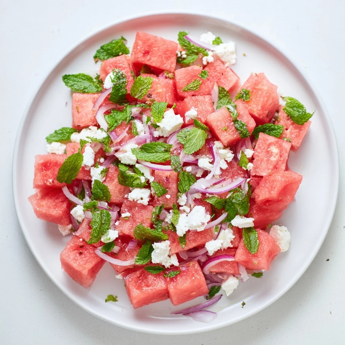 Fresh Watermelon Feta Salad with cool mint and tangy lime dressing, a perfect summer side dish.
