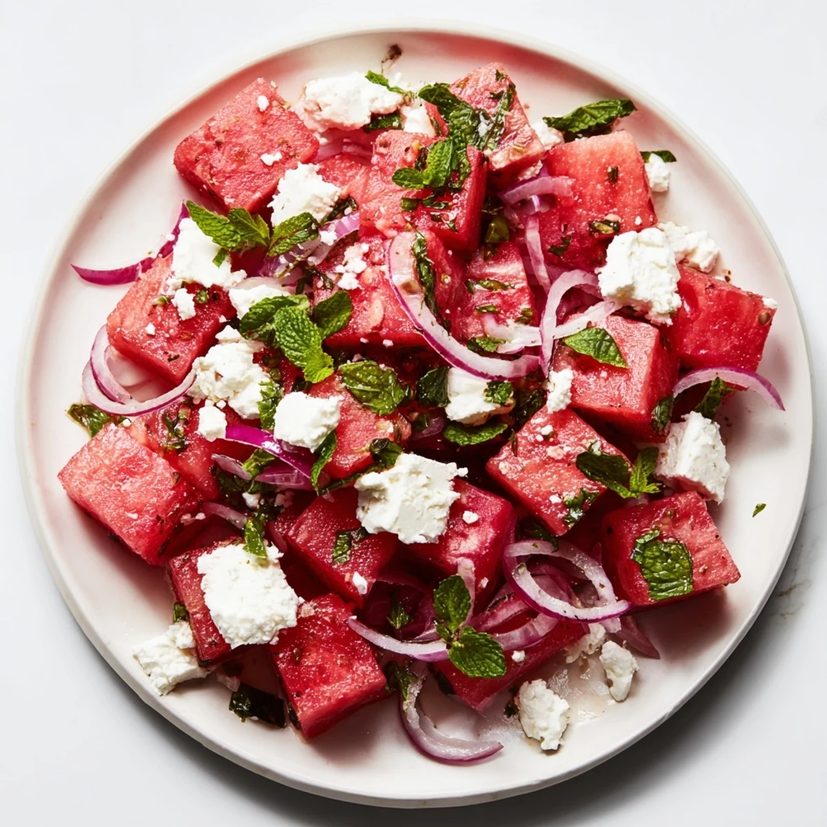 Showcasing a bright Watermelon Feta Salad, tossed with red onion and topped with crumbled feta.
