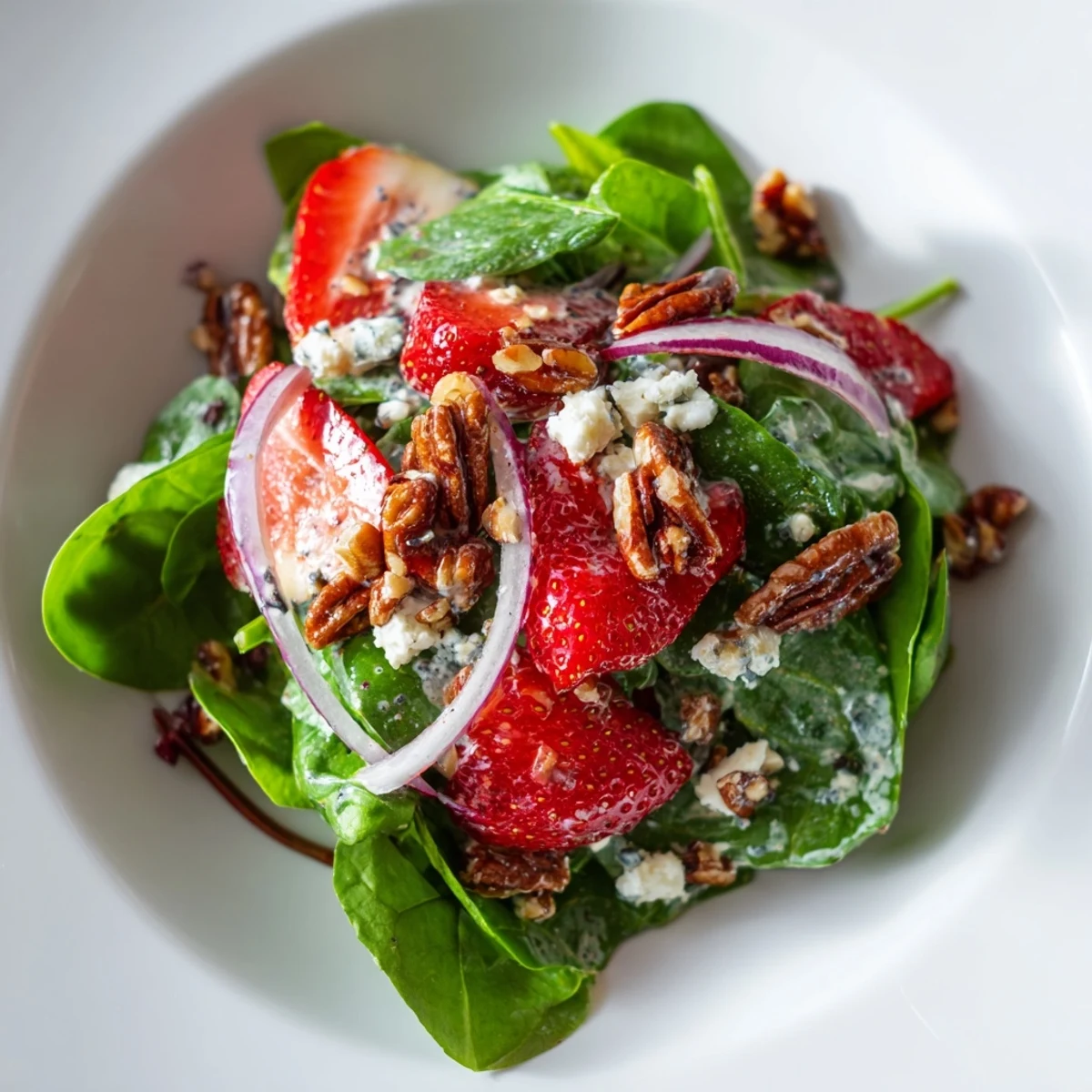 Fresh Strawberry Spinach Salad with bright red berries, candied pecans, and creamy poppy seed dressing.