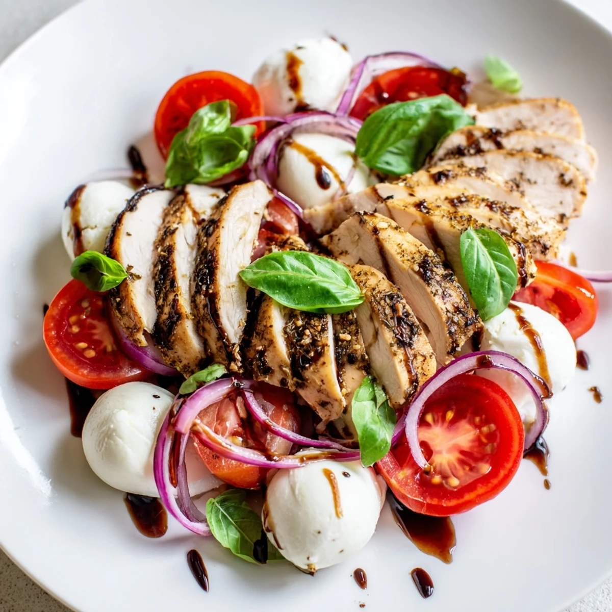 Brightly colored Caprese Chicken Salad features grilled chicken with fresh mozzarella, tomatoes and basil.