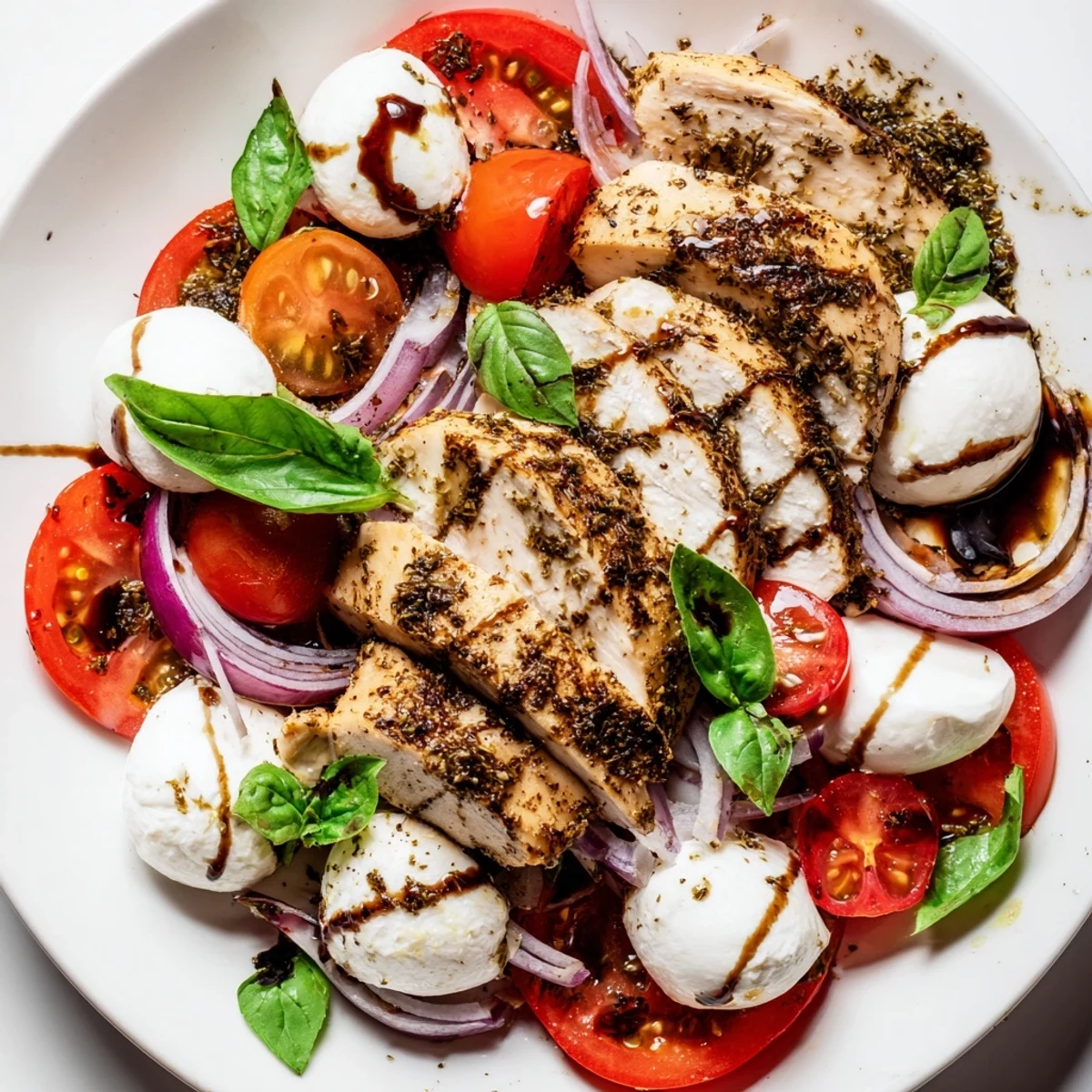 Fresh basil and a balsamic glaze top this delicious Caprese Chicken Salad, ready to eat.