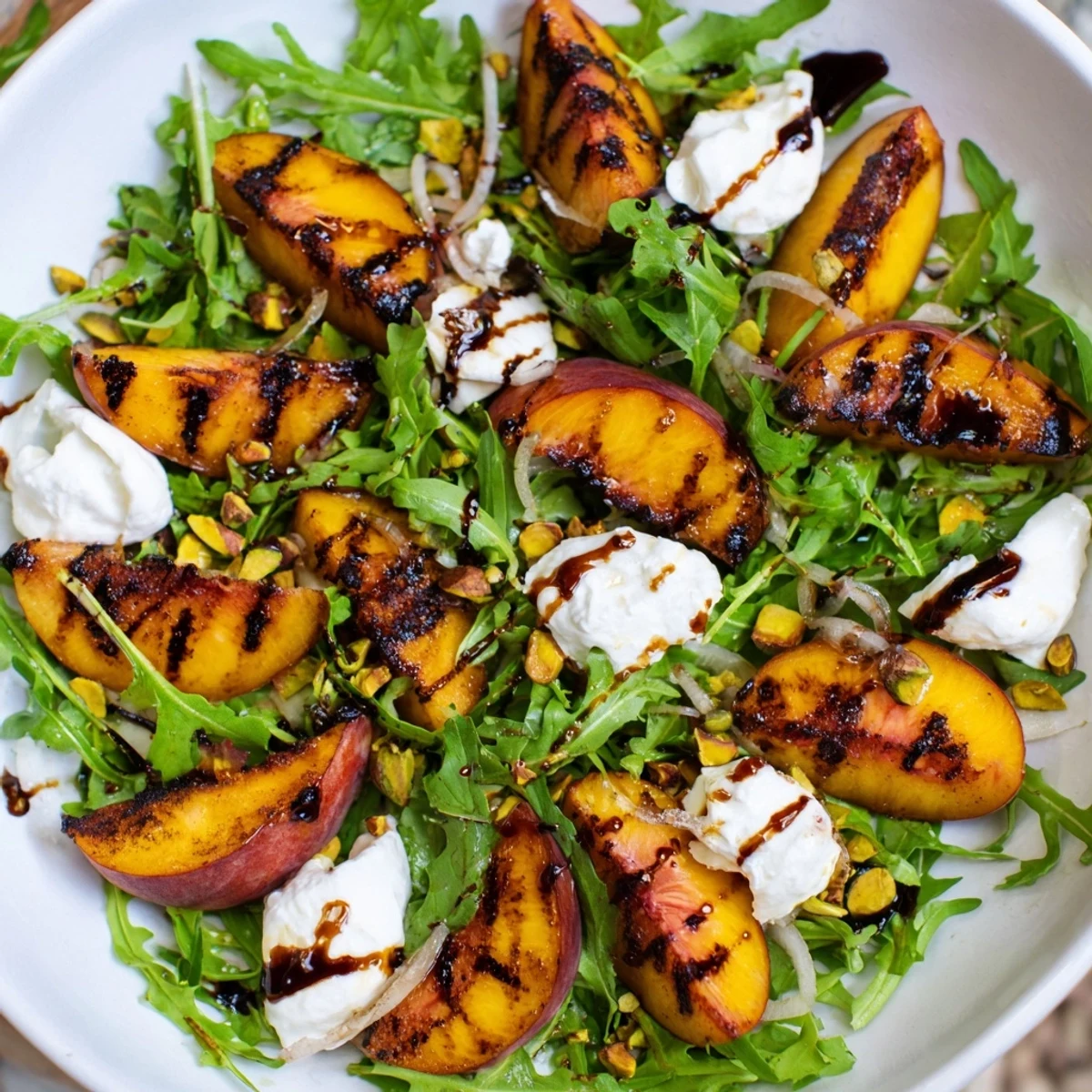 Grilled Peach Salad with charred peaches, creamy burrata, and a balsamic glaze, ready to eat.