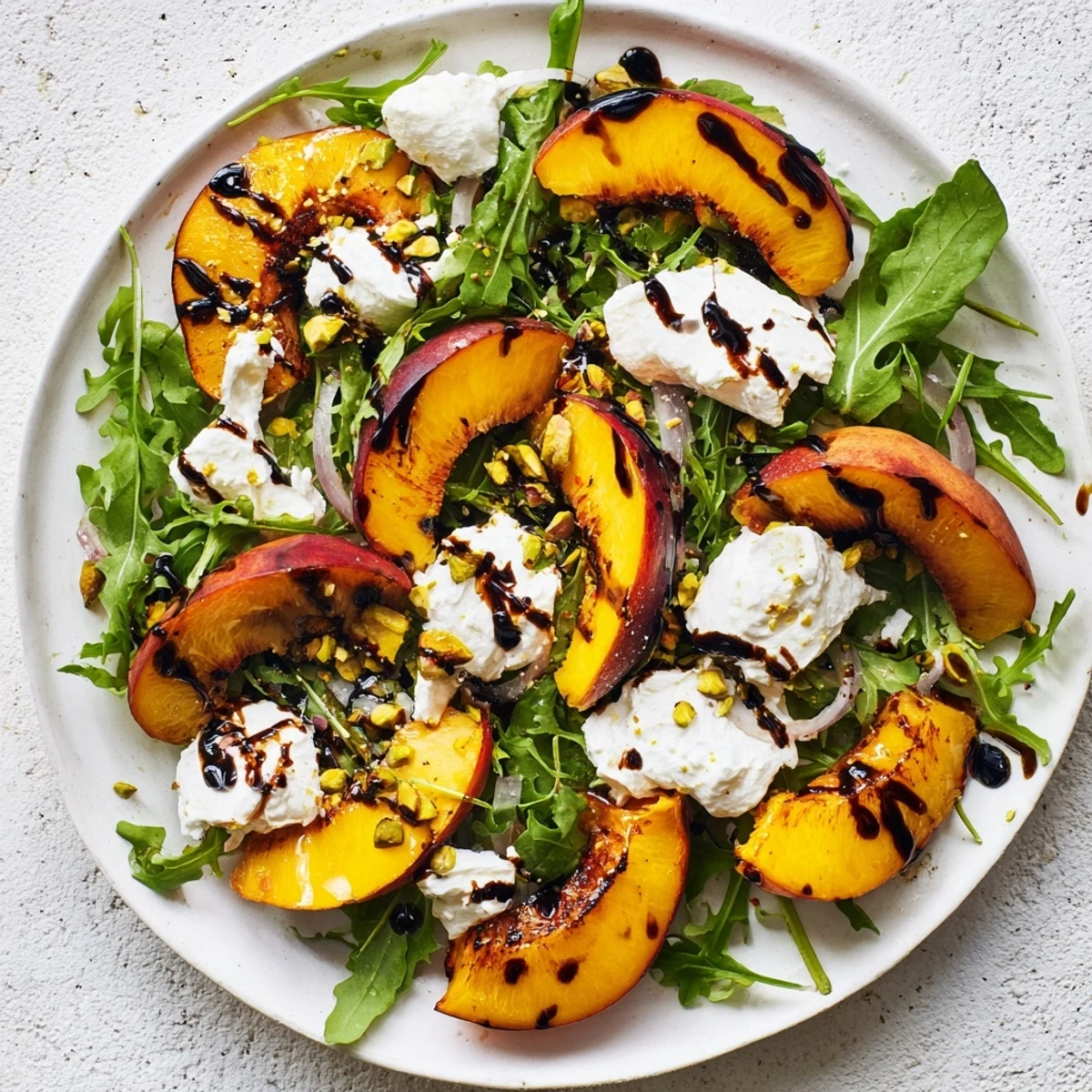 Freshly grilled peach salad featuring peppery arugula, ready to be drizzled with balsamic.