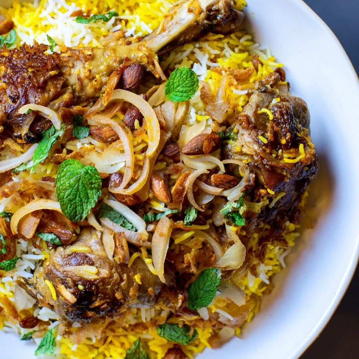Steaming hot Kuwaiti Biryani rice: this delicious dish showcases perfectly cooked basmati rice and savory meat.