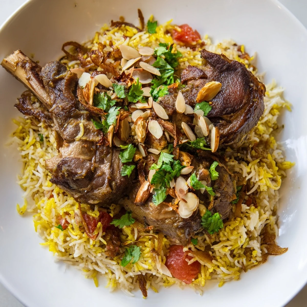 A warm, inviting photo of Qatari Majboos featuring fluffy rice and tender lamb, ready to eat.