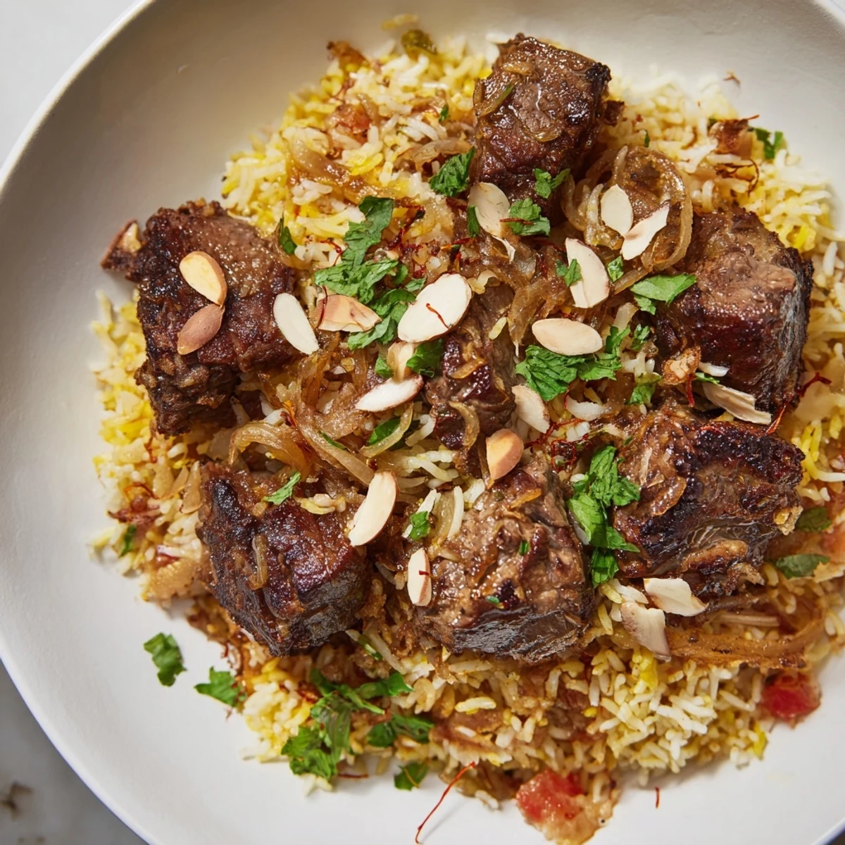 Imagine the aroma! This Qatari Majboos dish presents succulent lamb atop fragrant, spiced basmati rice.