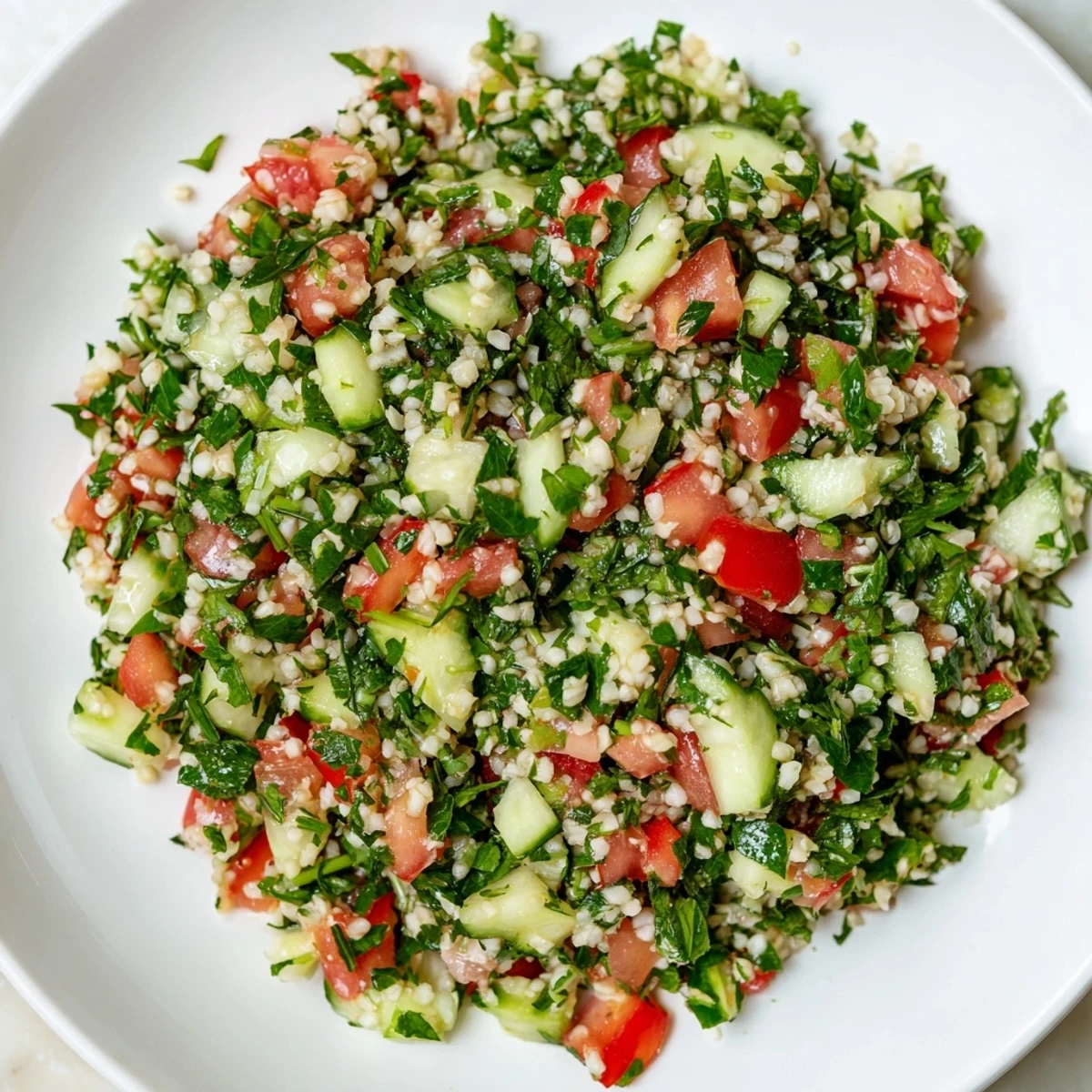 Fresh and flavorful Lebanese Tabbouleh Salad, a bright combination of herbs and vegetables, ready to serve.