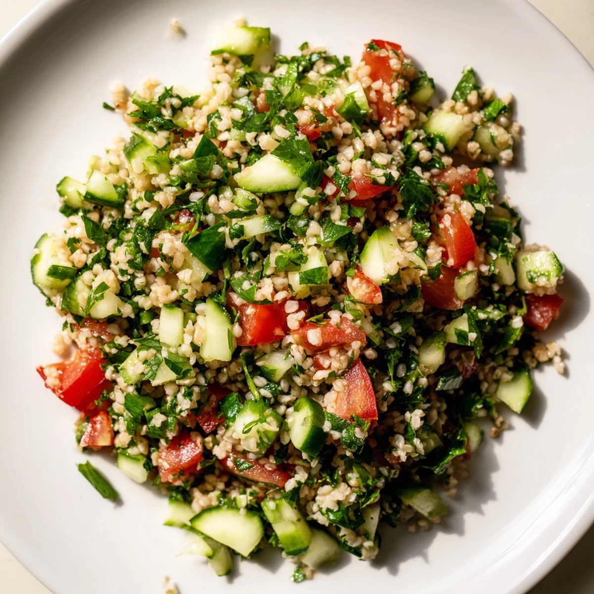A close-up of a refreshing Lebanese Tabbouleh Salad, showcasing juicy tomatoes and vibrant parsley.
