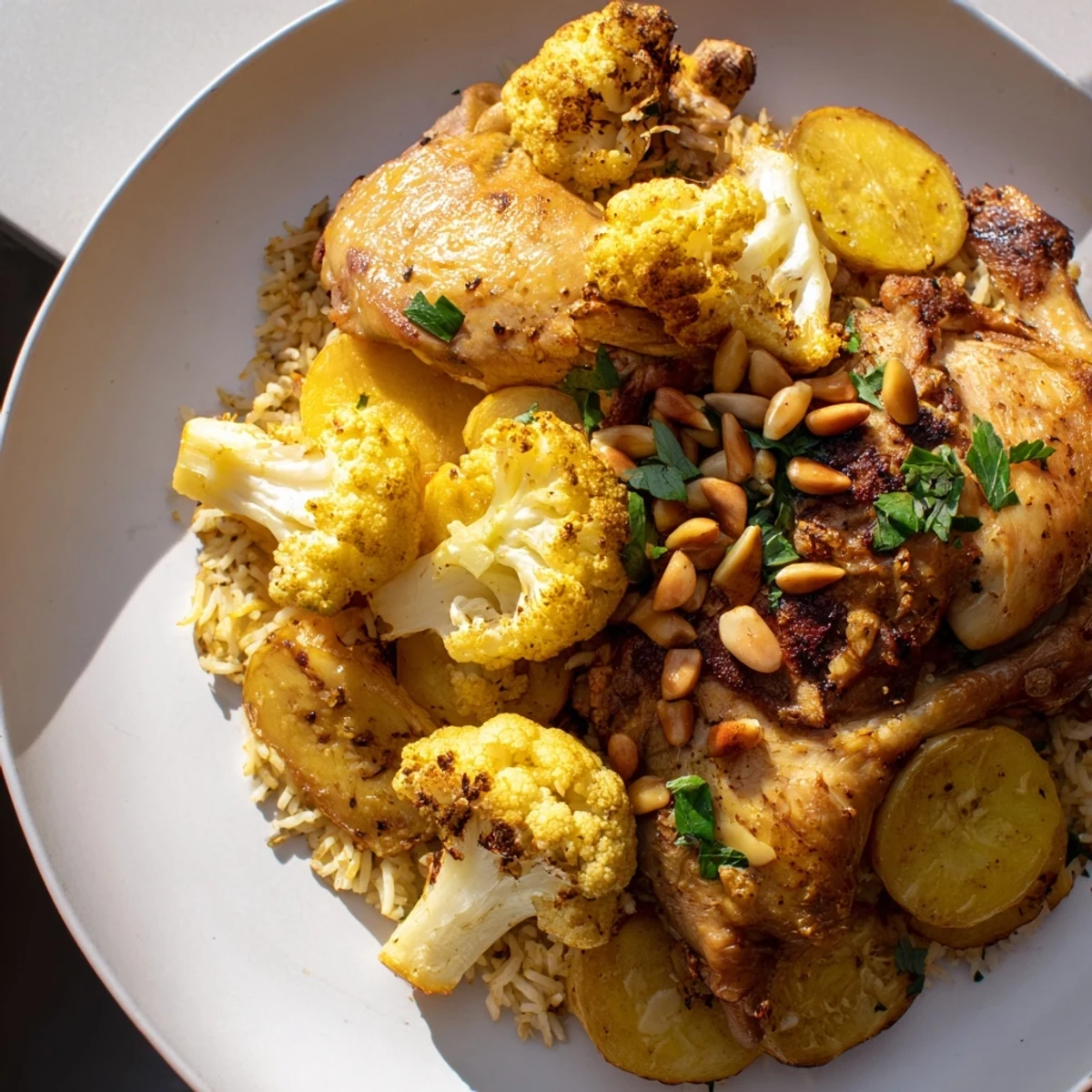 A golden-brown Palestinian Maklouba, revealing layers of rice, chicken, and vegetables ready to serve.