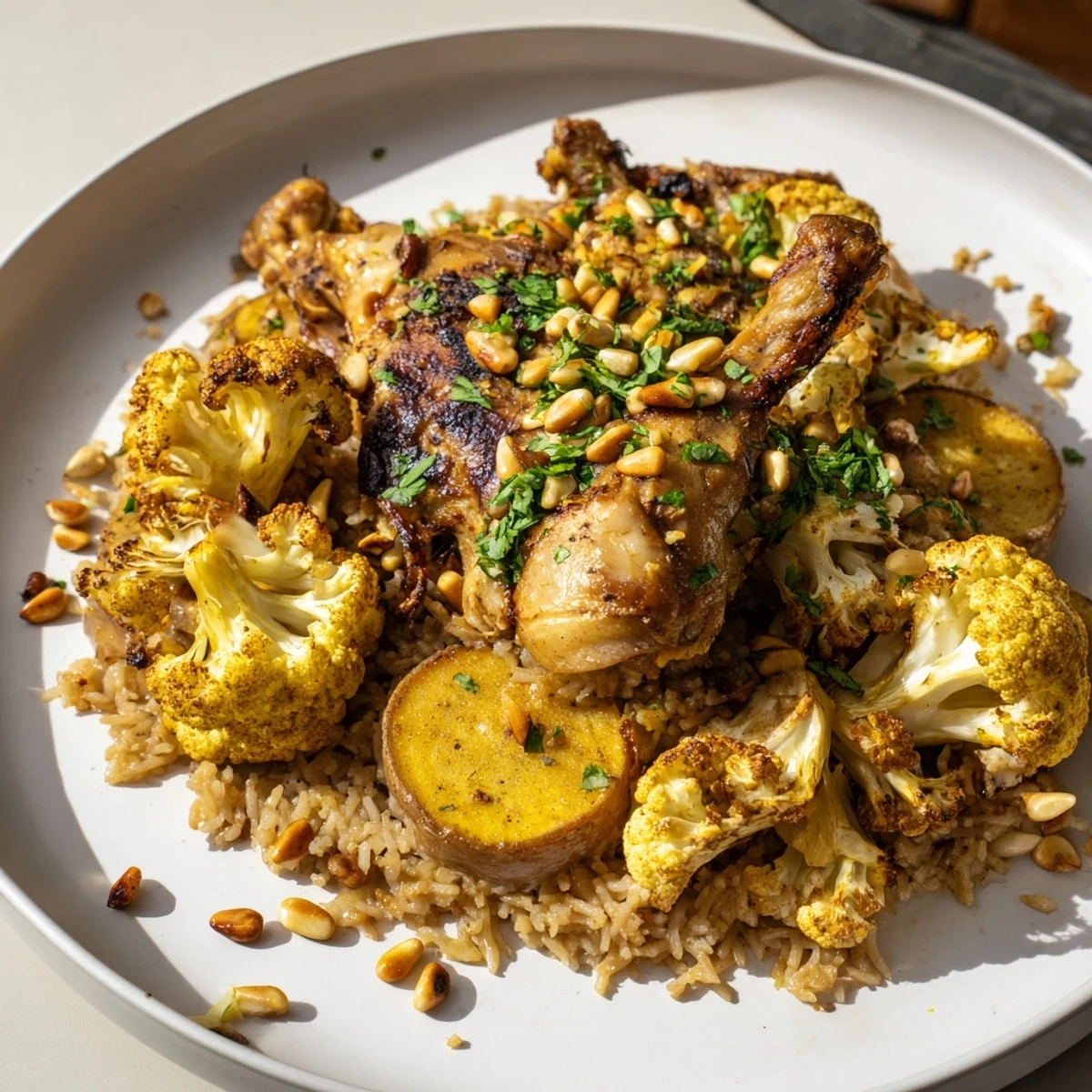 Fluffy spiced rice forms the foundation of this impressive, inverted Palestinian Maklouba dish.