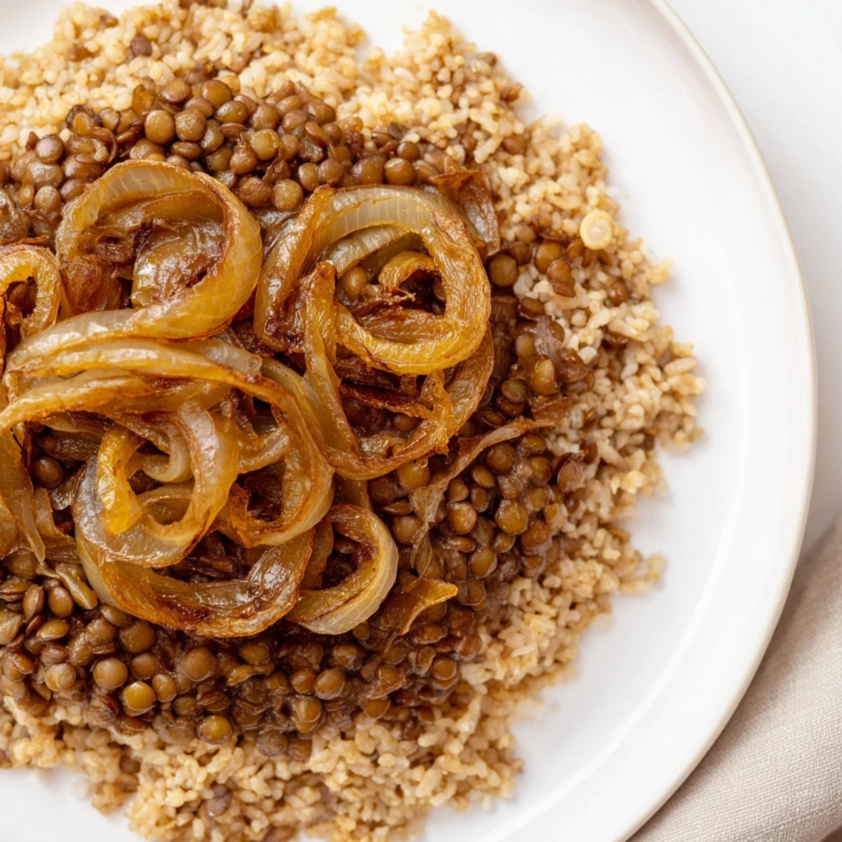 Golden caramelized onions crown a bowl of fragrant Lebanese Mjadra, lentils and rice.