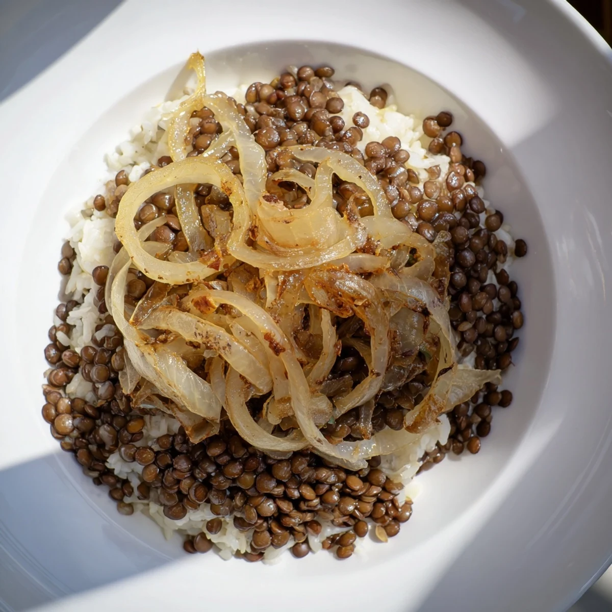 A warm plate of Lebanese Mjadra, featuring the spiced lentil and rice mixture.
