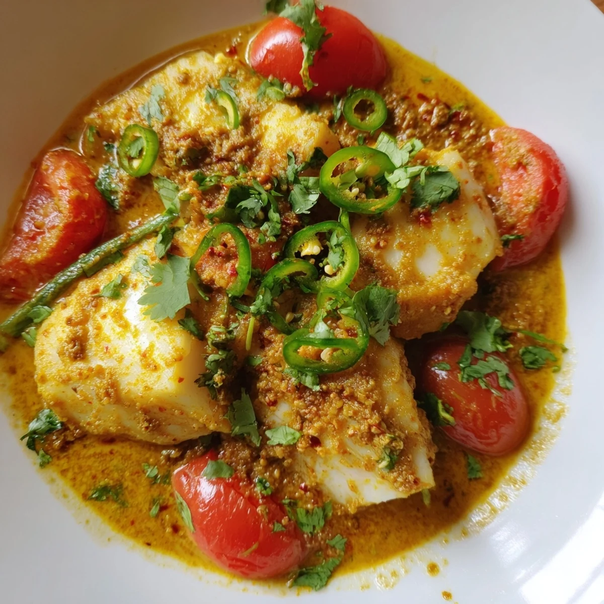 A vibrant photo of flavorful, tender Bahraini Fish Curry served with fresh cilantro and fragrant basmati rice.