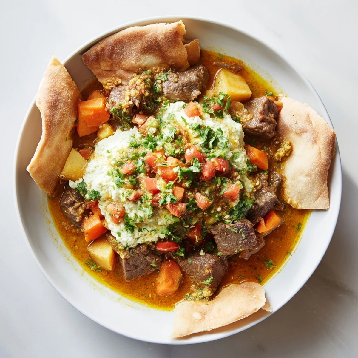 This photo features a comforting, hearty portion of authentic Yemeni Saltah stew, topped with fluffy fenugreek.