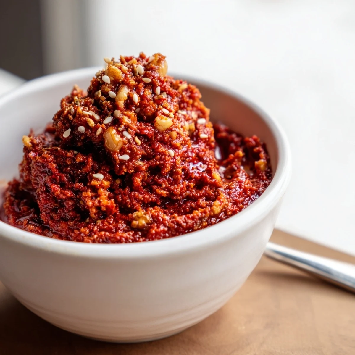 Bright red Syrian Muhammara with a drizzle of olive oil, perfect served with warm pita bread.
