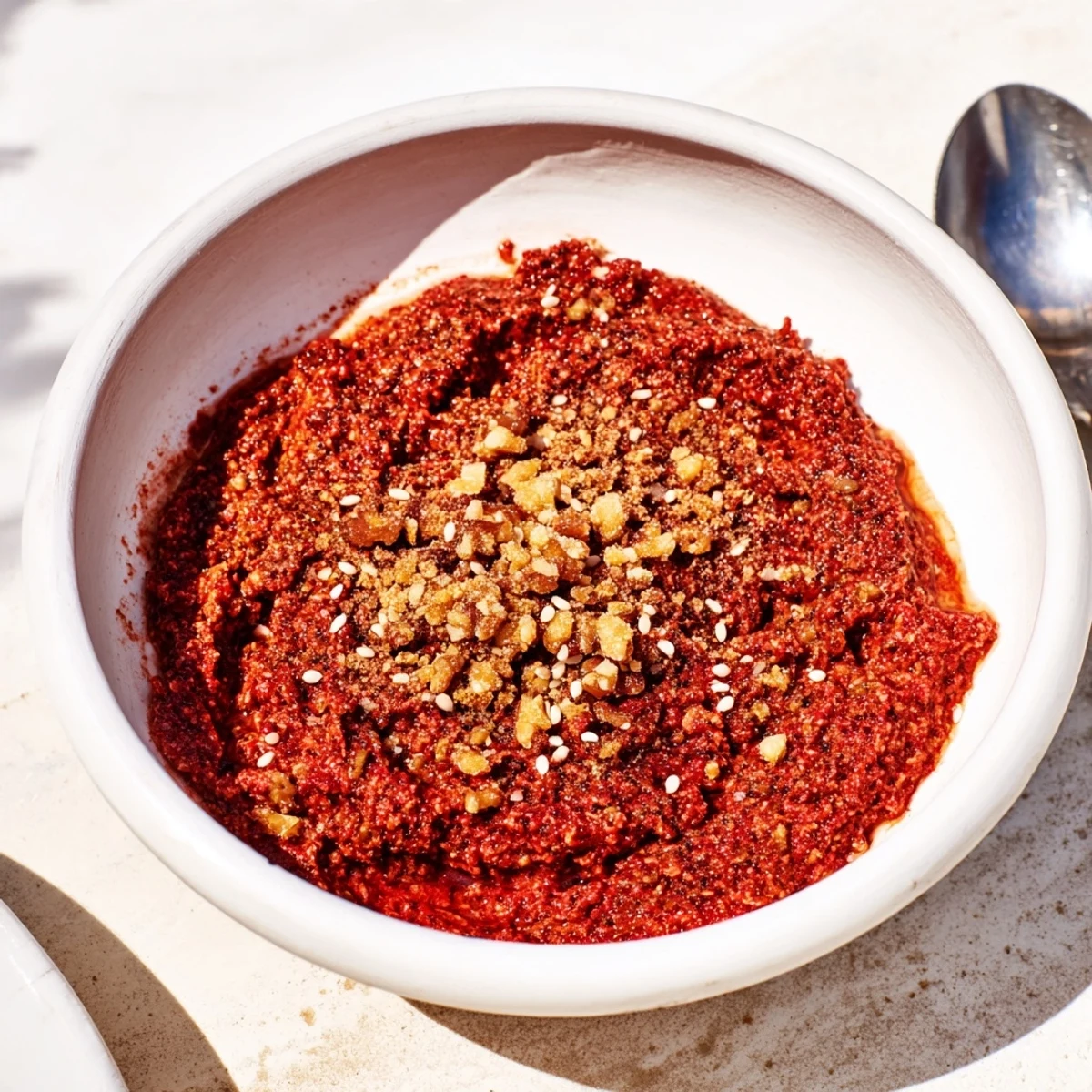 A taste of Syria: Flavorful Muhammara dip, showcasing the vibrant colors and textures of this appetizer.