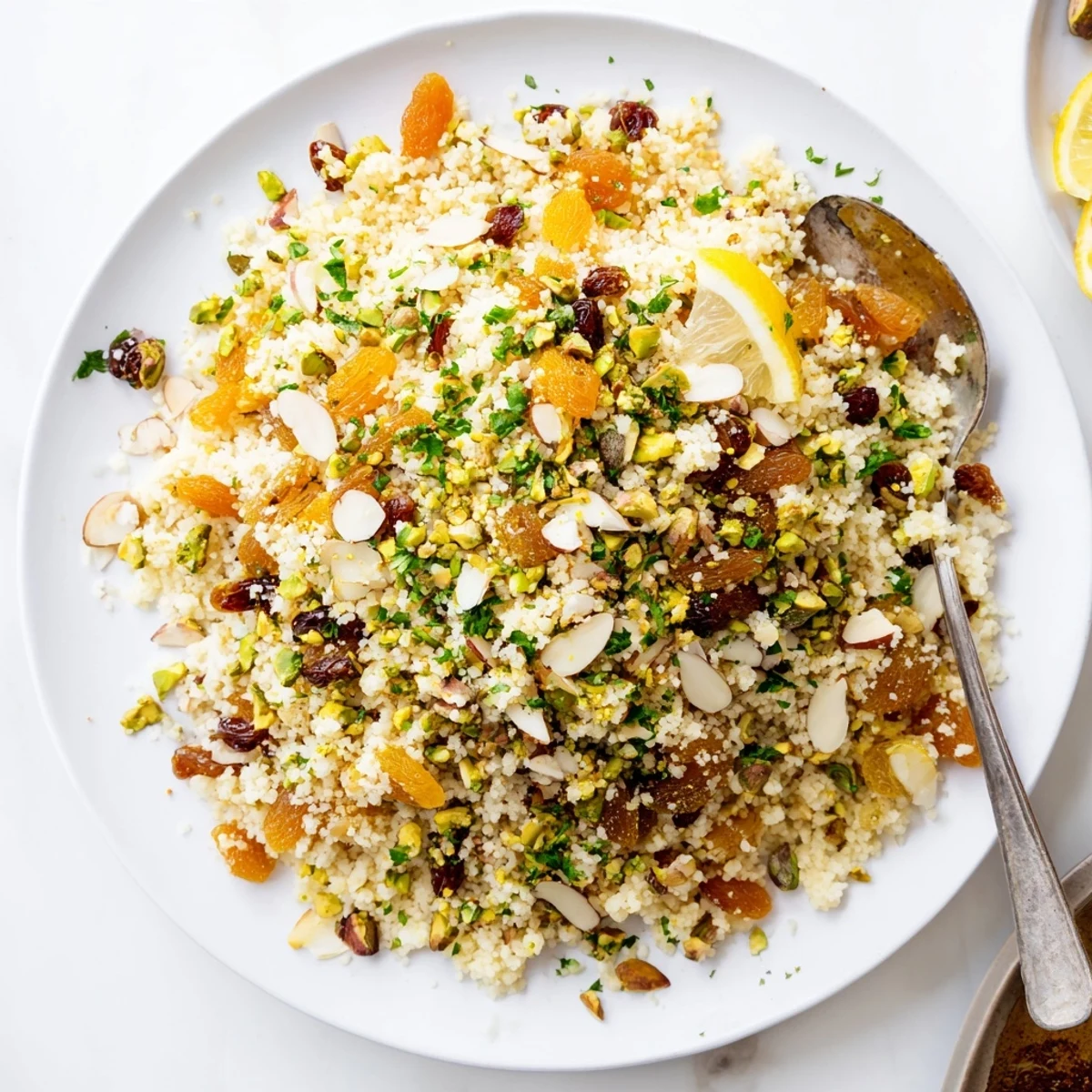 Fluffy Couscous Pilaf Spiced with warm cinnamon and cumin, garnished with parsley and lemon wedges.