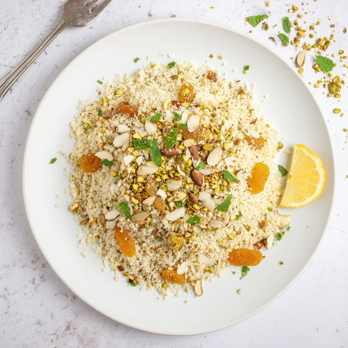 A vibrant bowl of Couscous Pilaf Spiced with toasted nuts, golden apricots, and fresh herbs.