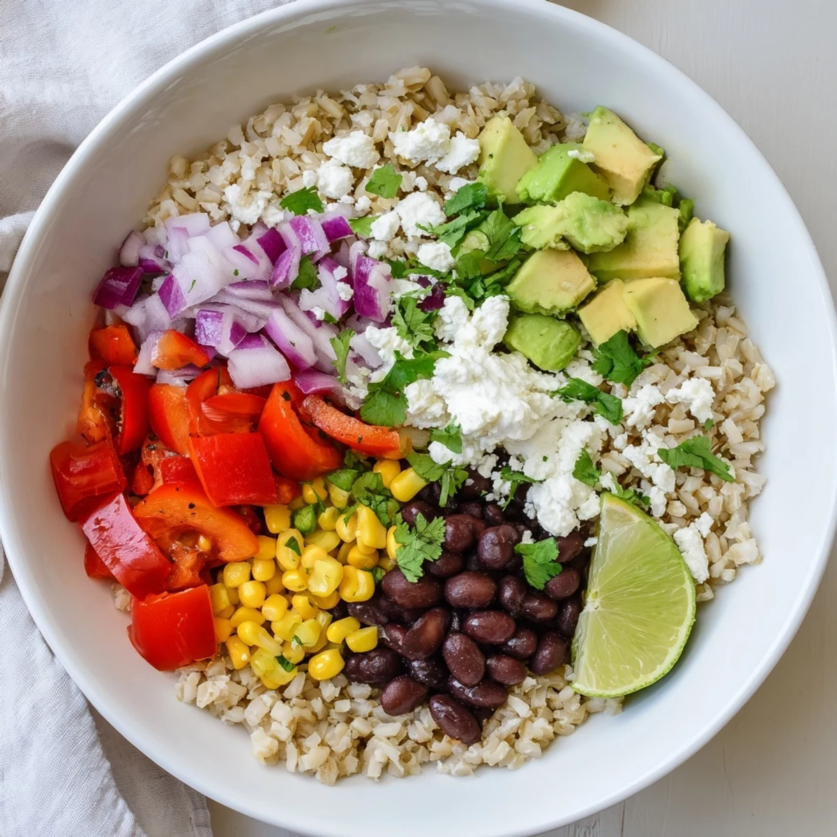 A vibrant Brown Rice Burrito Bowl with fluffy brown rice, black beans, colorful bell peppers, corn, and fresh avocado topped with queso and sour cream.