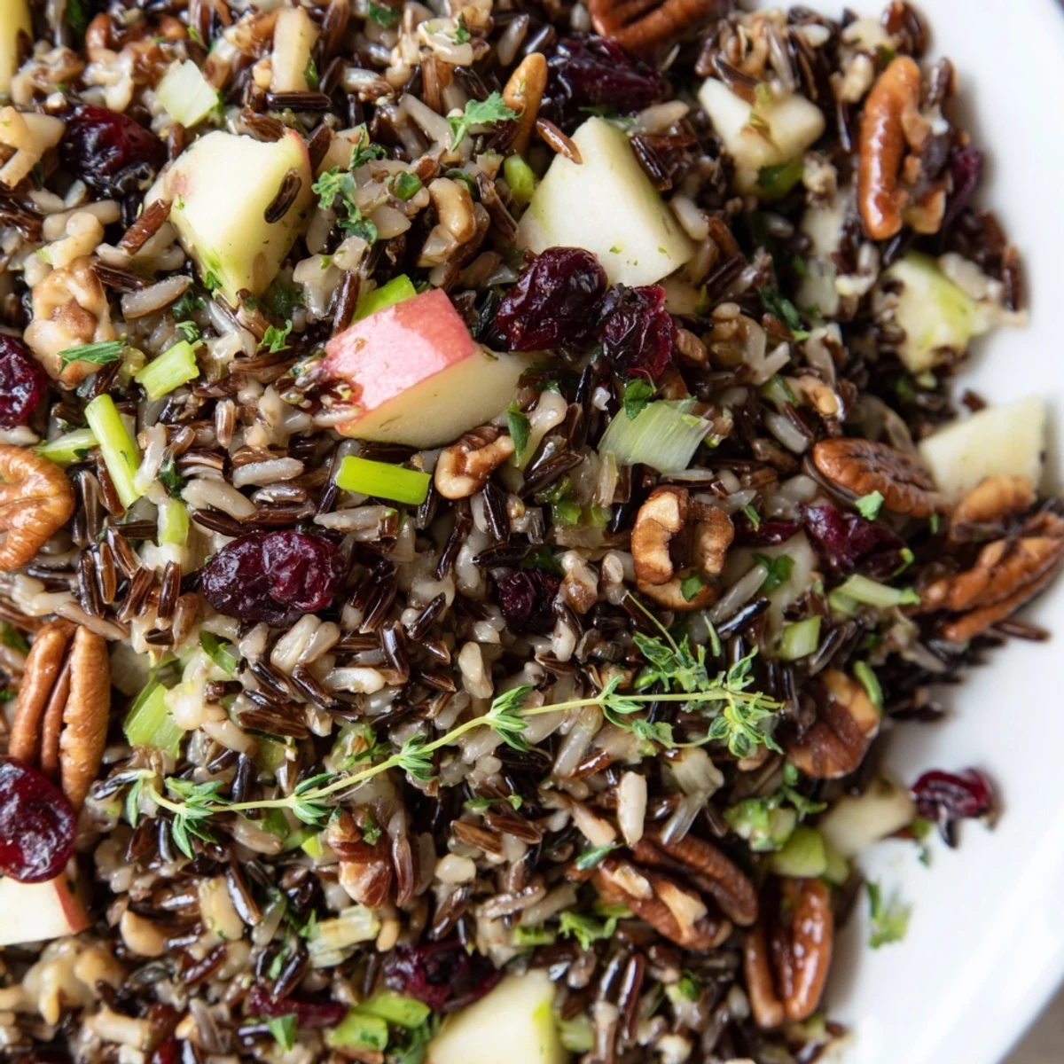 Warm, cooked wild rice with cranberries and pecans, tossed in a zesty vinaigrette and served as a hearty autumn side dish.