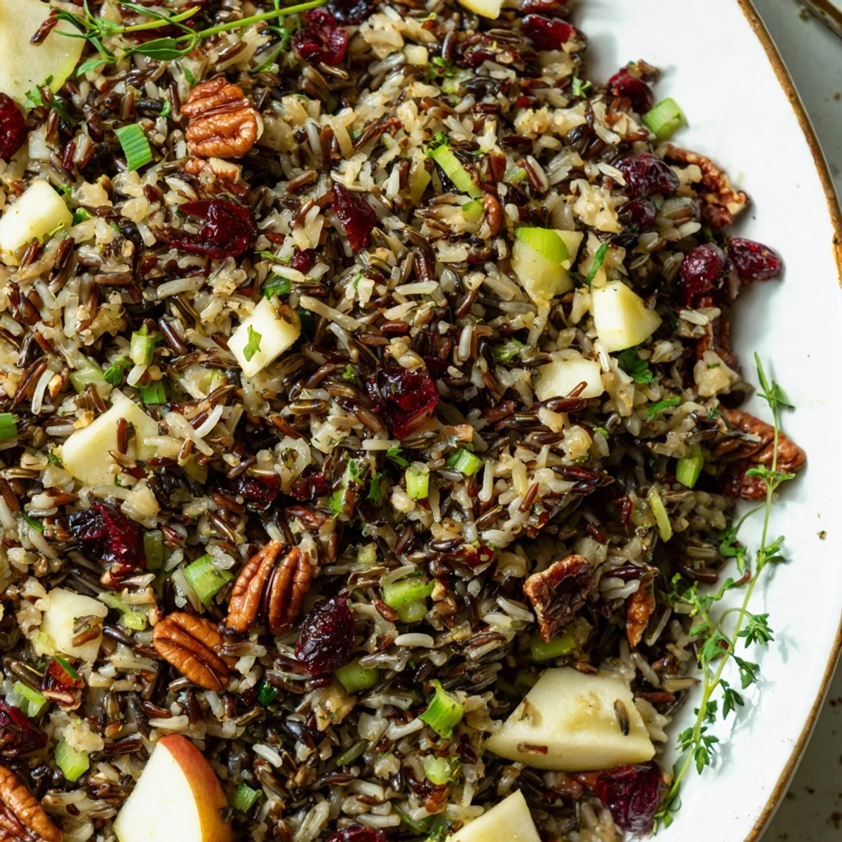 Fresh Wild Rice Harvest Salad with diced apples, green onions, and herbs, perfect for a healthy vegetarian lunch or dinner.