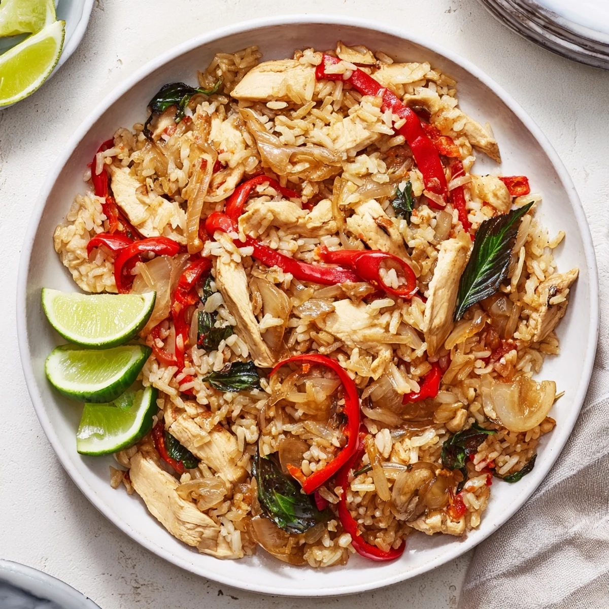 Spicy Thai Basil Chicken Fried Rice with tender chicken, chilies, and holy basil served with lime and cucumber.
