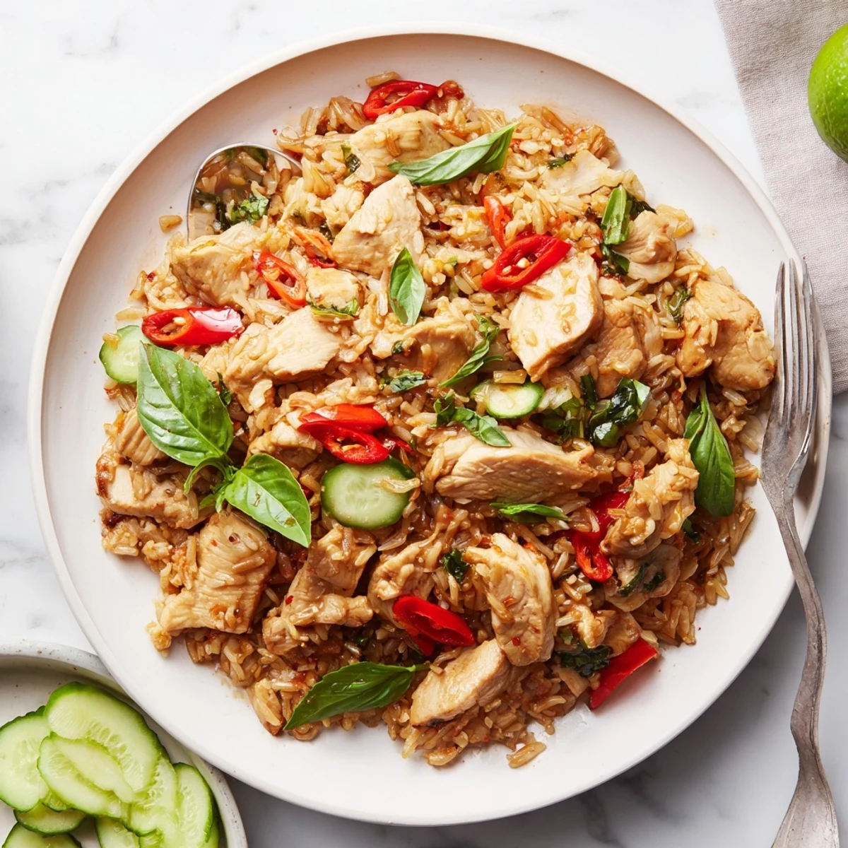 Wok-fried Thai Basil Chicken Fried Rice offers aromatic holy basil, soy-glazed jasmine rice, and spicy red chilies for dinner.