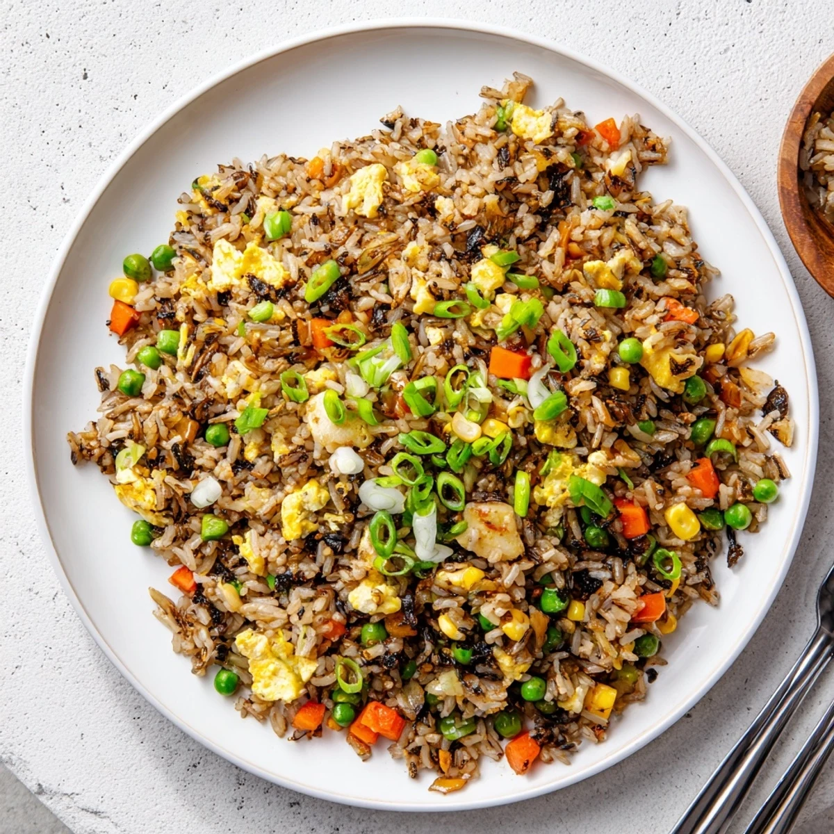 A close-up of vibrant Black Garlic Fried Rice, with glistening grains and colorful diced vegetables peeking through the savory mix.  