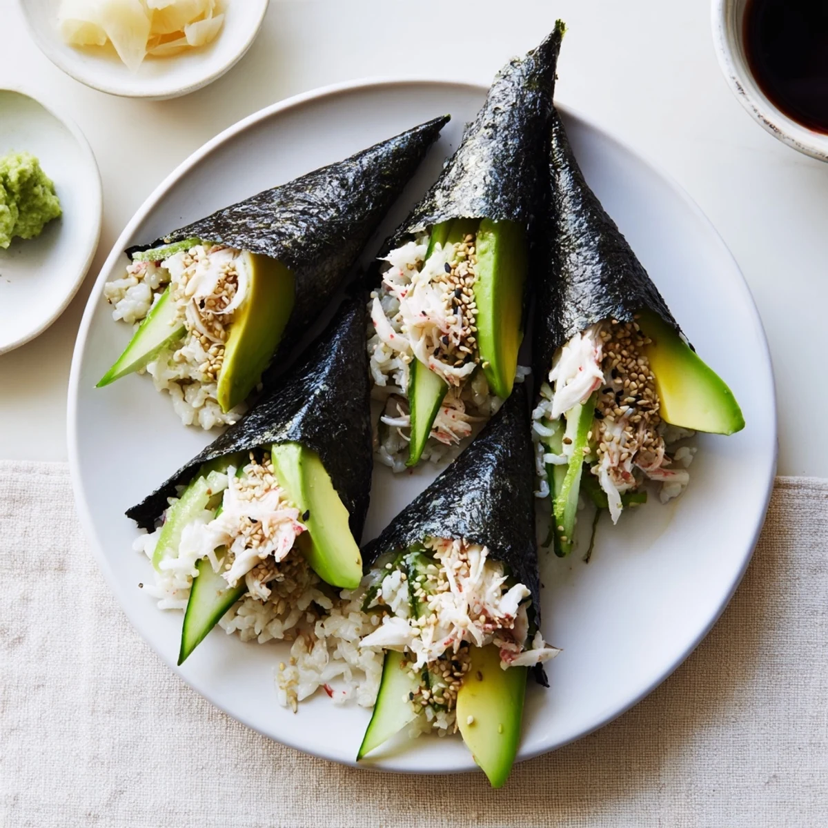 Sushi Rice Hand Rolls with creamy avocado and crisp cucumber, rolled in nori for a fresh, handheld Japanese treat.