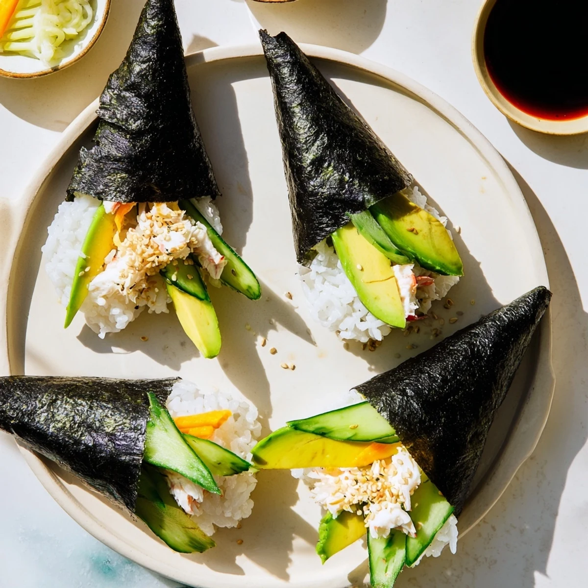Sushi Rice Hand Rolls featuring flaky crab and sticky sushi rice, served with soy sauce and pickled ginger.