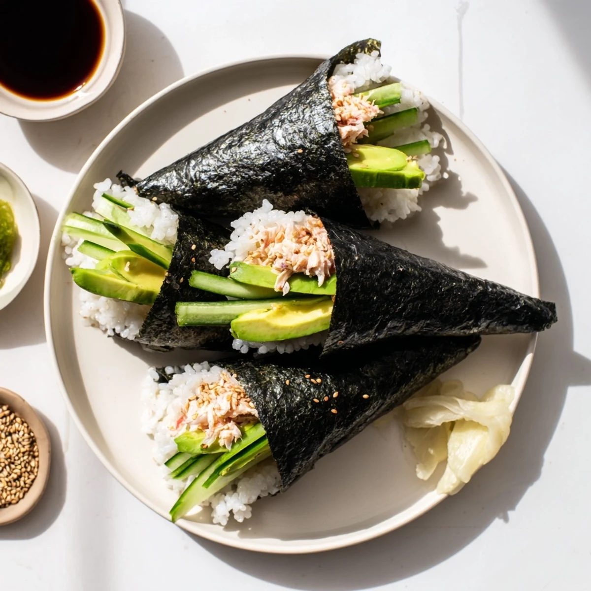 A close-up of Sushi Rice Hand Rolls with vibrant crab, avocado, and cucumber nestled in a crunchy nori cone.