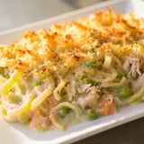 A close-up of a warm Baked Cream of Chicken Noodle Soup Pasta, showing creamy chicken and tender noodles.