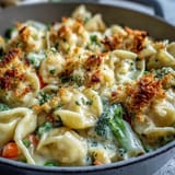Golden-browned biscuit crumb topping on Creamy Veggie Pot Pie Pasta, beside a glass of white wine on a table.