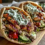 Golden grilled chicken and crisp vegetables fill soft pita pockets for lunch.