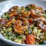 Lemon Butter Shrimp and Orzo Recipe: Juicy shrimp and zesty lemon combine with orzo pasta and cherry tomatoes for a Mediterranean-inspired meal.