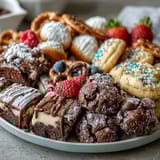 An eye-catching dessert spread with lemon loaf, chocolate chip cookies, and brownie bites—perfect for sharing at graduation parties.