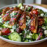 A healthy Greek salad bowl featuring tender grilled chicken, Kalamata olives, and a zesty lemon-oregano dressing.  